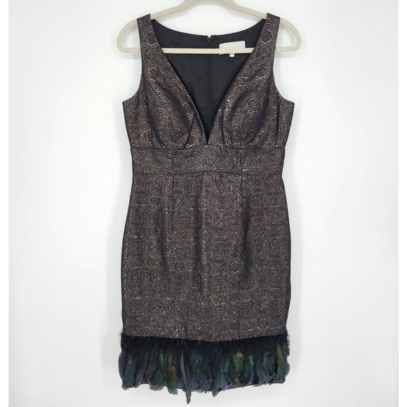 Badgley Mischka Dresses & Skirts - Badgley Mischka Feather Hem Cocktail Dress 10 Metallic Brocade Sleeveless Black